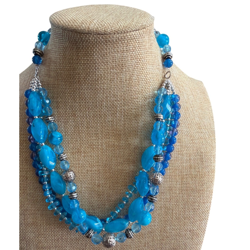 Multi Strand Blue Beaded Statement Necklace Silver Tone Accents Adjustable Layer